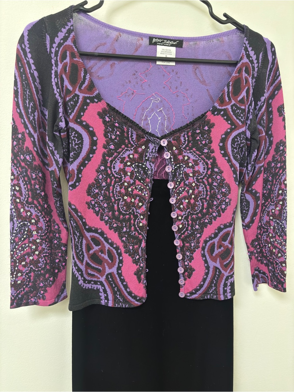 Betsey Johnson Black Slip Dress with Pink & Purple Lace Accent - Picture 3 of 16